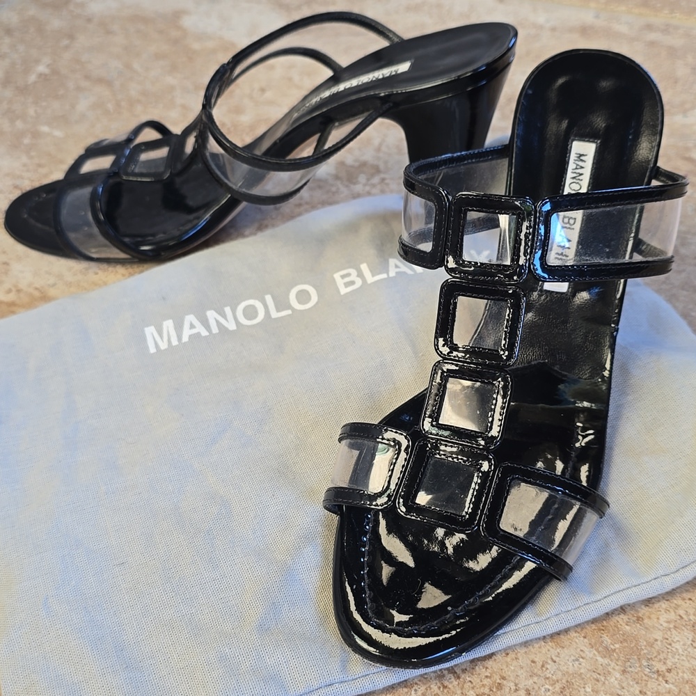 Manolo Blahnik Black Patent Strappy Sandals with Clear Panels